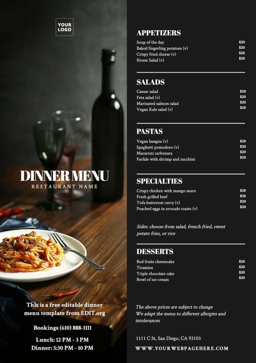 Modello gratuito di menu online per la cena da editare e stampare 