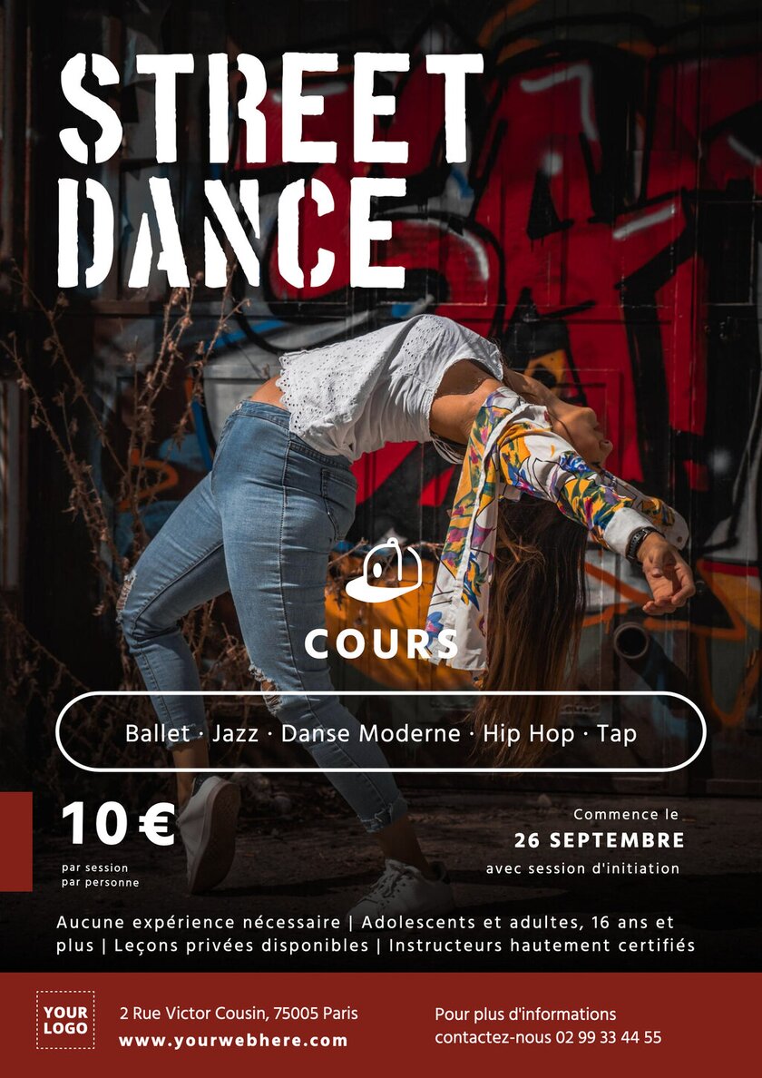 modèle d'affiche noir et rouge avec photo pour des cours de street dance