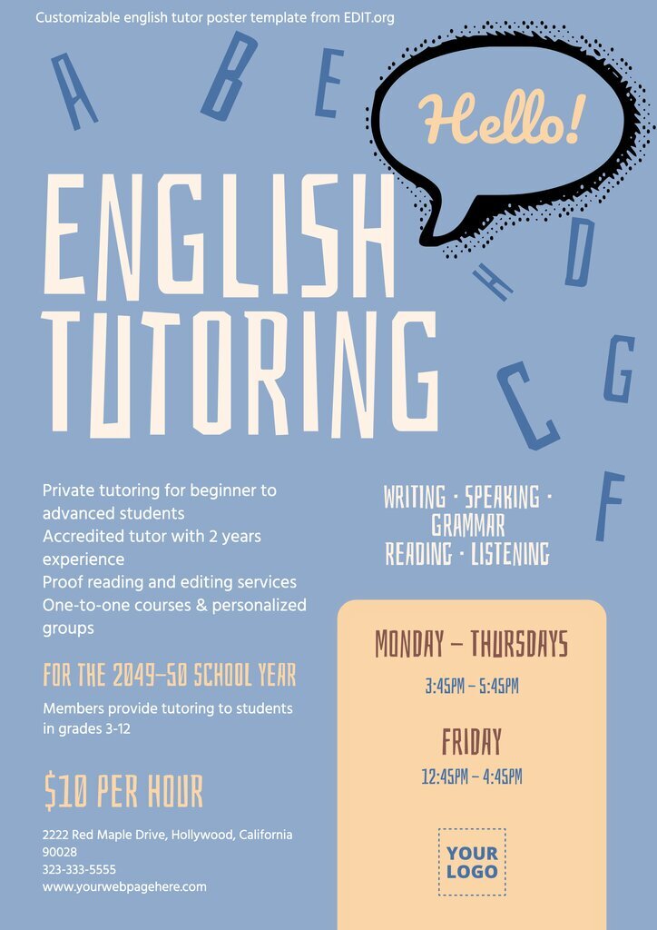 Custom tuition ads templates for english classes