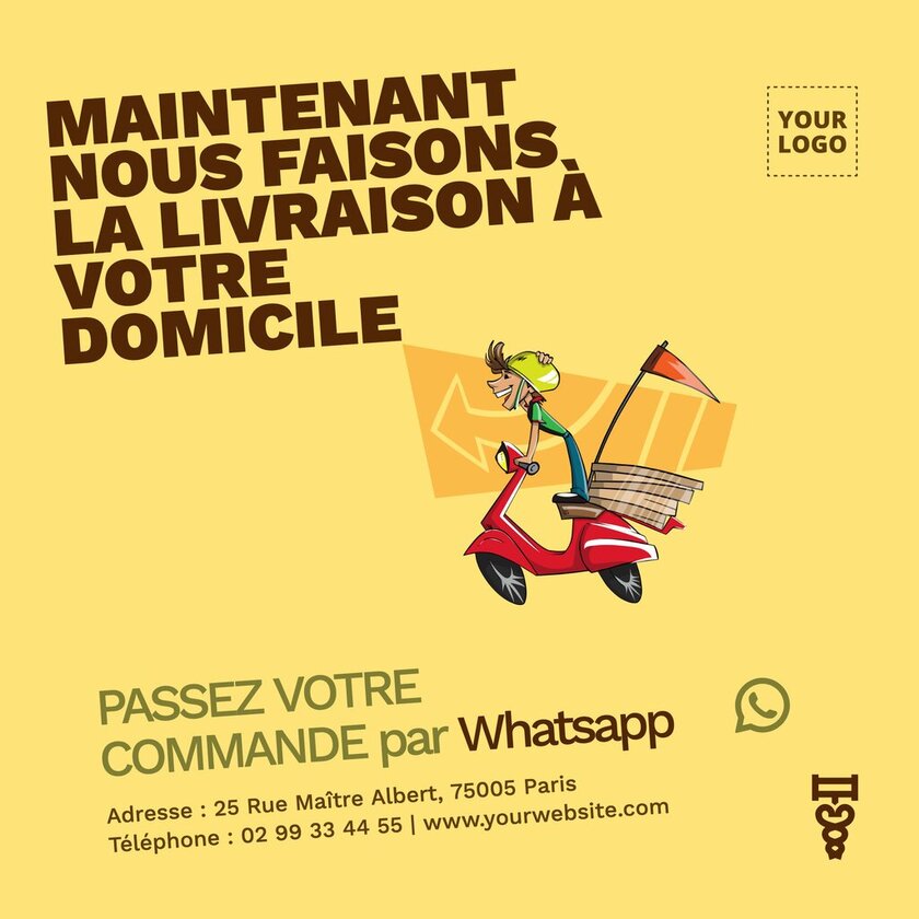 modèle orange d'affiche de livraison de courses à domicile avec le logo whatsapp