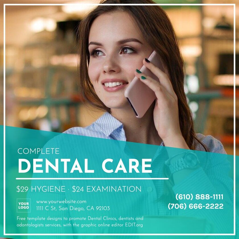 Editable online template for dental clinic design with contact