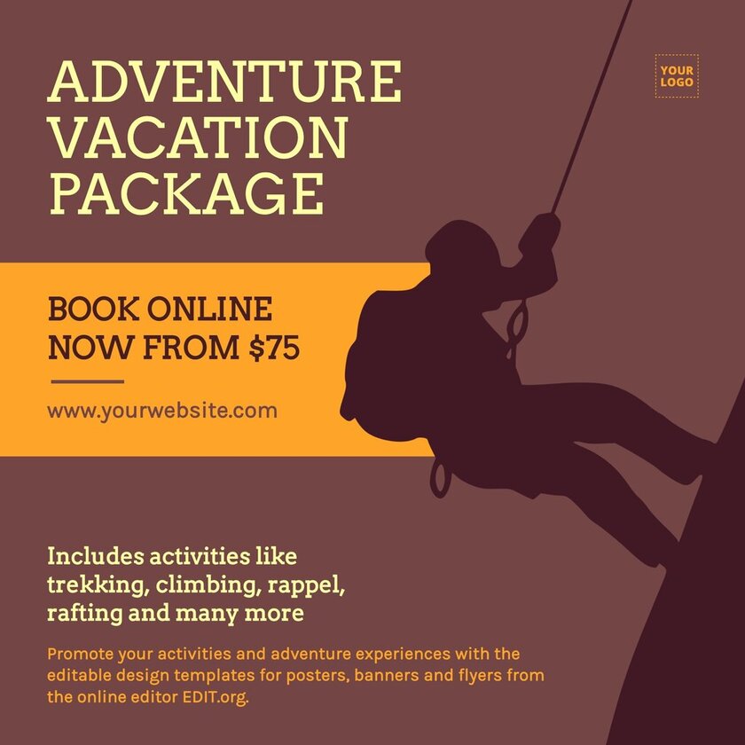 Squared editable banner to custom online for free and promote activities and adventure experiences