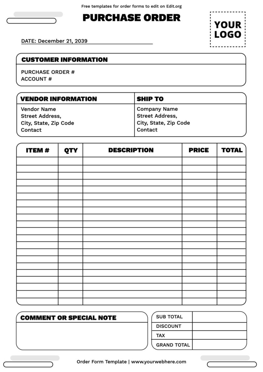 Free editable sales order form template