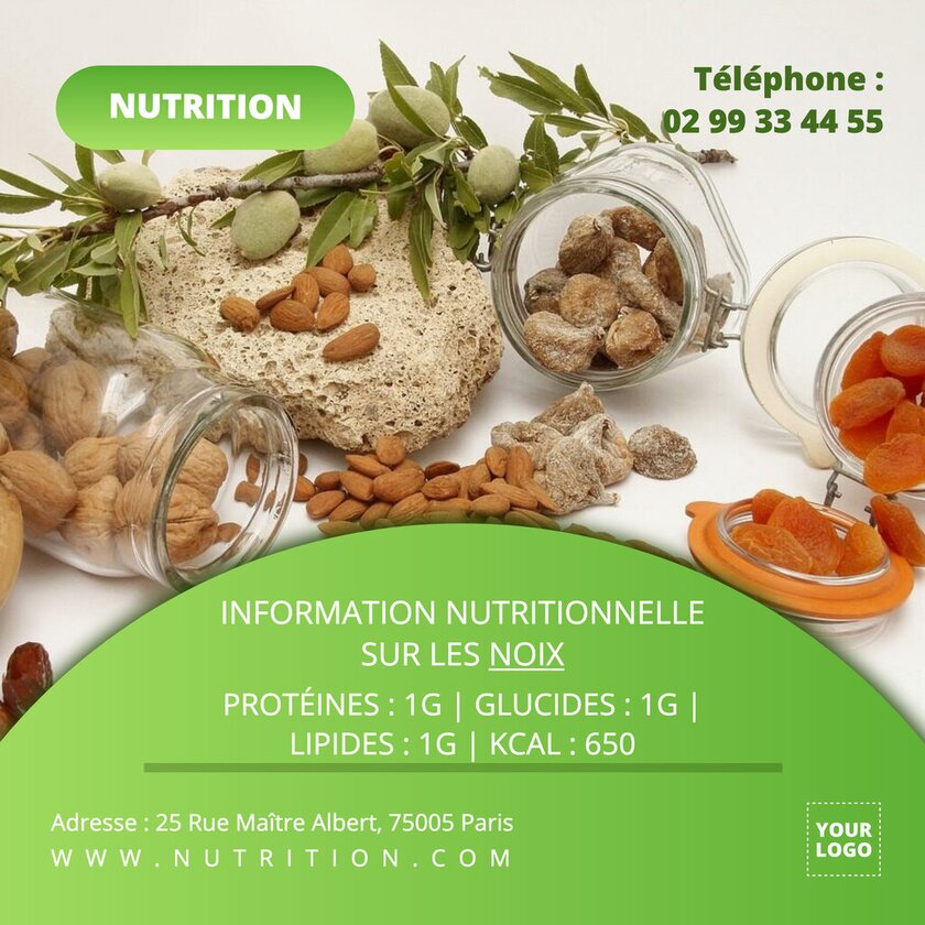 modèle éditable vert en ligne pour les informations nutritionnelles des noix