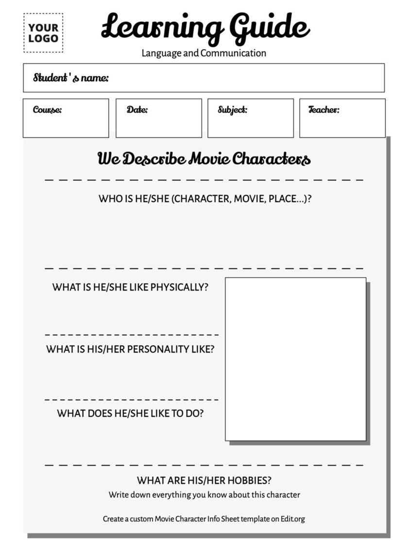 Editable character information sheet template for movie
