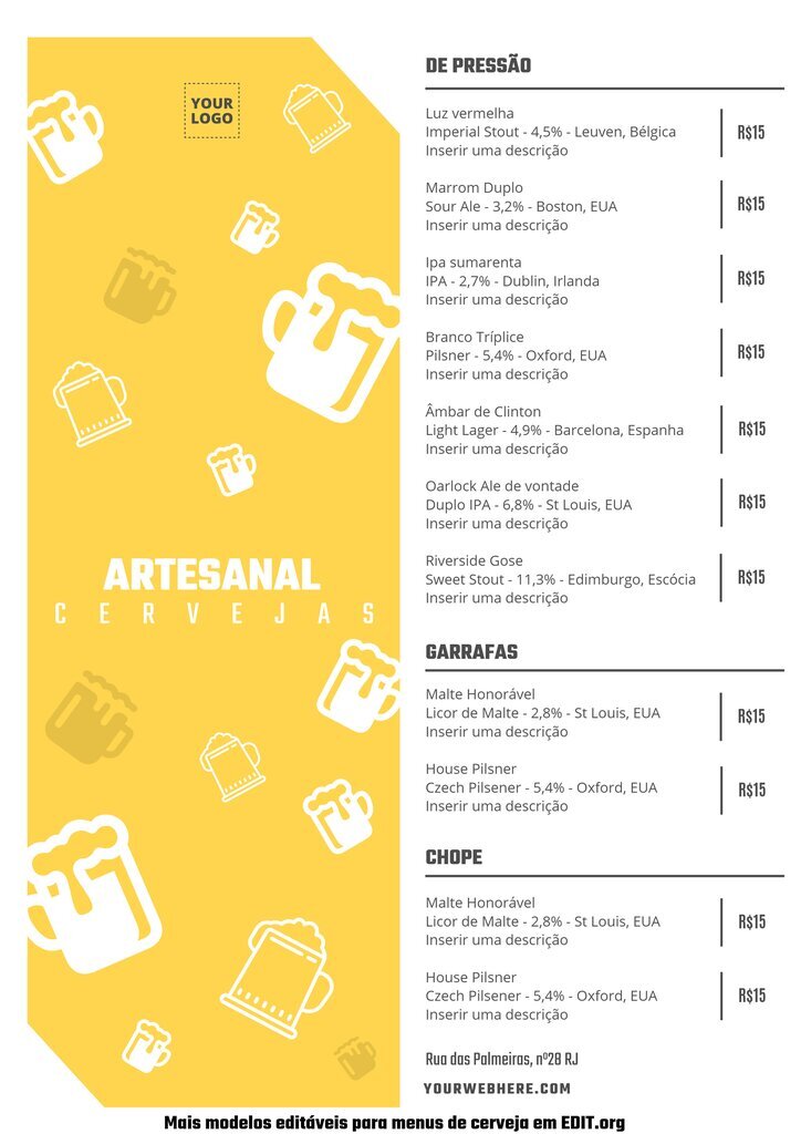 Design editável online para Menus de Cerveja para bares e restaurantes 