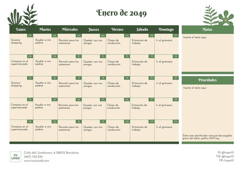 Model de calendari mensual imprimible