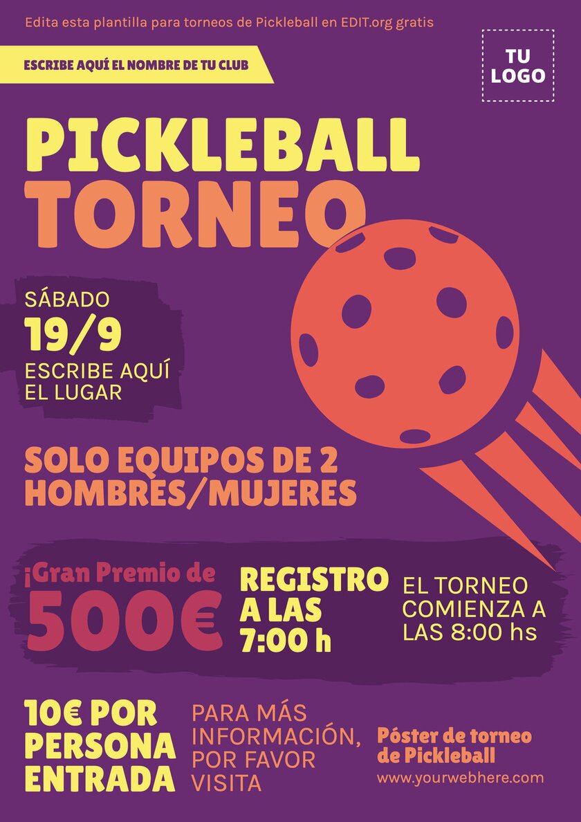 Diseño de cartel de torneo de Pickleball para editar gratis