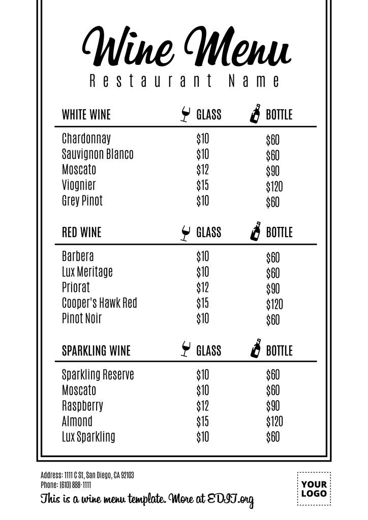 Black and white simple wine menu template to edit and print for free