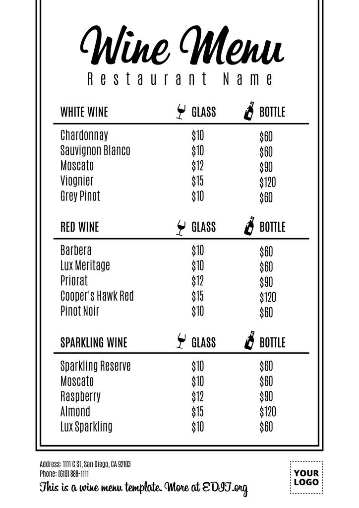 Personalized wine lists templates