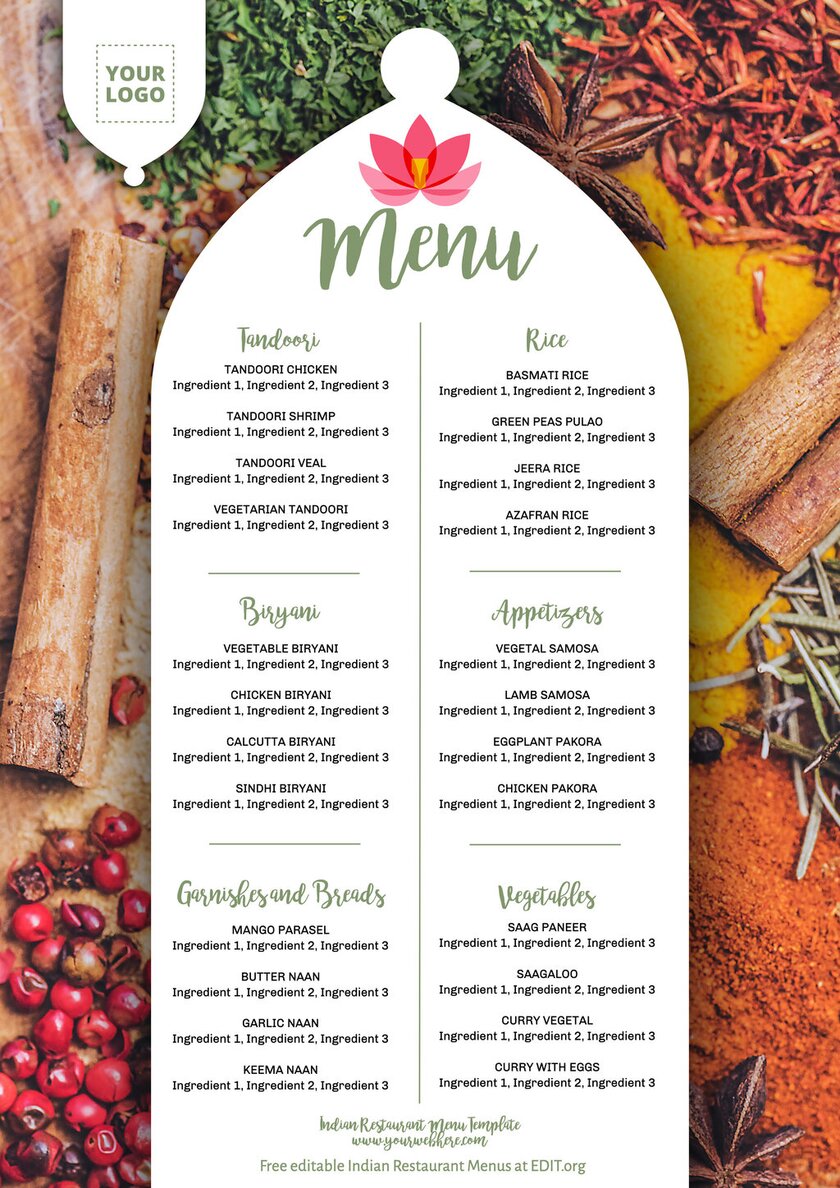 Customizable Indian Food menu designs printable