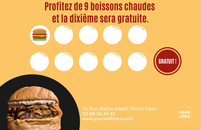 modèle de carte de fidélité éditable et orange pour burgers
