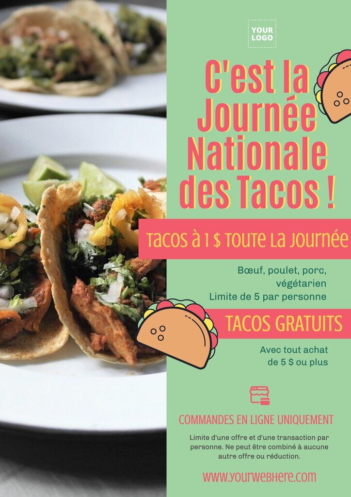 Affiche pour la journée nationale du tacos avec vraie image et couleurs vert et rouge