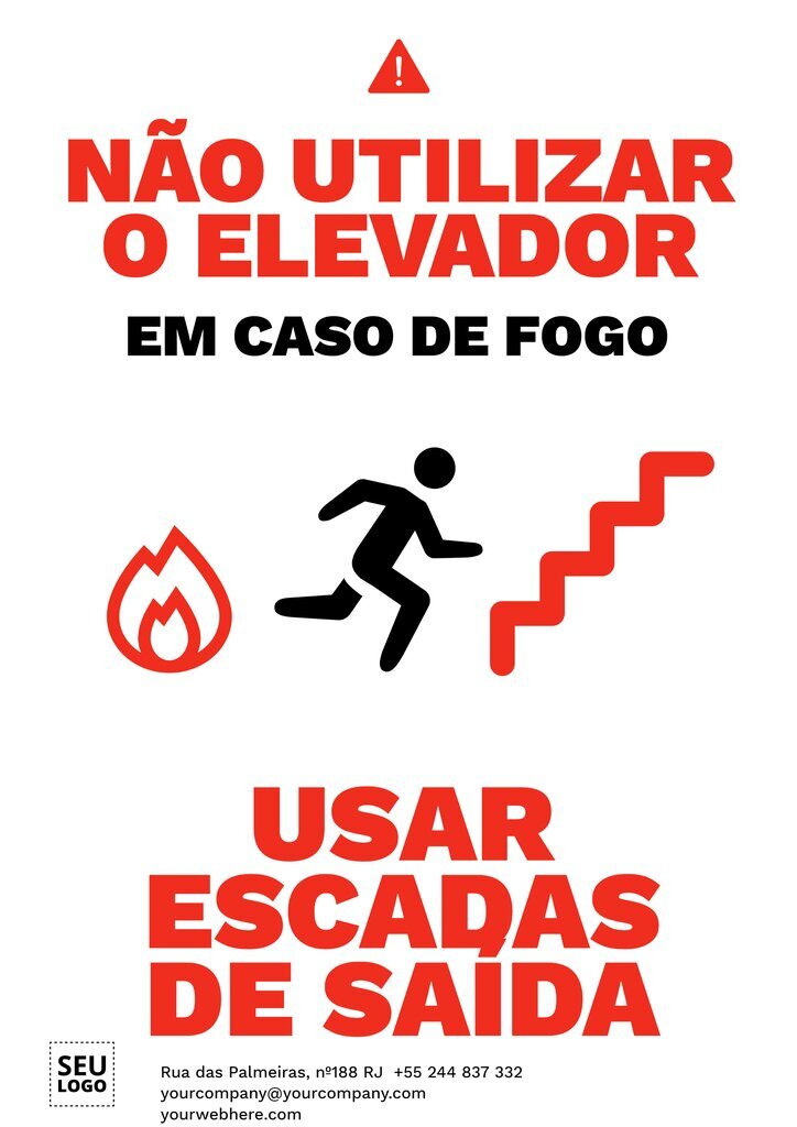 Cartaz editável online para criar letreiros imprimíveis para sinalização de elevadores e monta cargas e uso de escadas em caso de incêndio