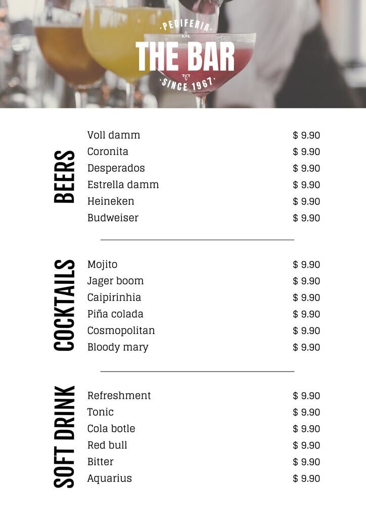 Modello di listino di bevande editabile per ristoranti e cocktail bar
