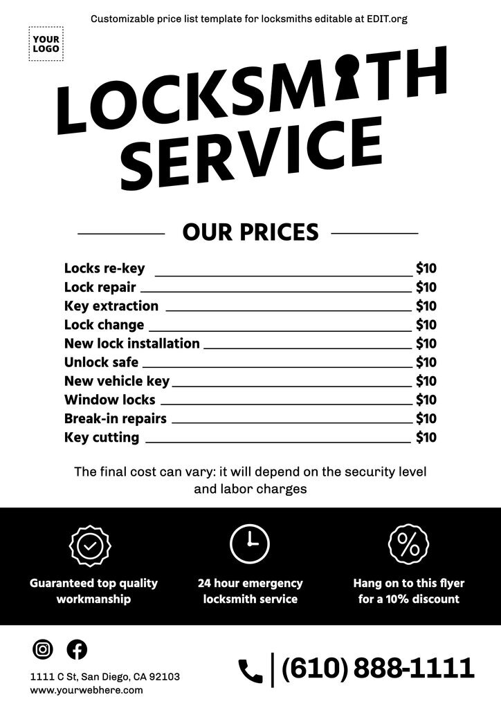 Customizable locksmith price lists