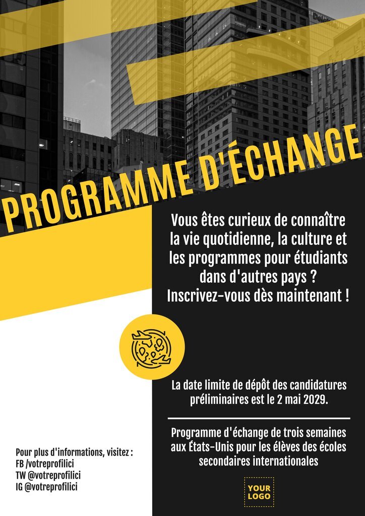 Design d'une brochure universitaire jaune et noire pour un programme d'échange