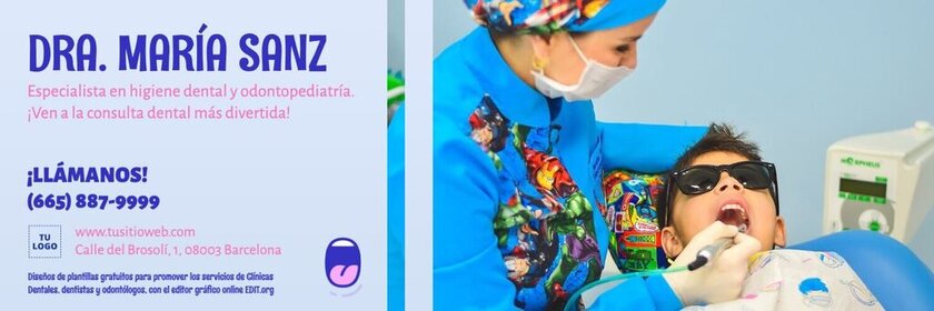 Plantilla de diseño editable conn foto de dentista con niño con la boca abierta