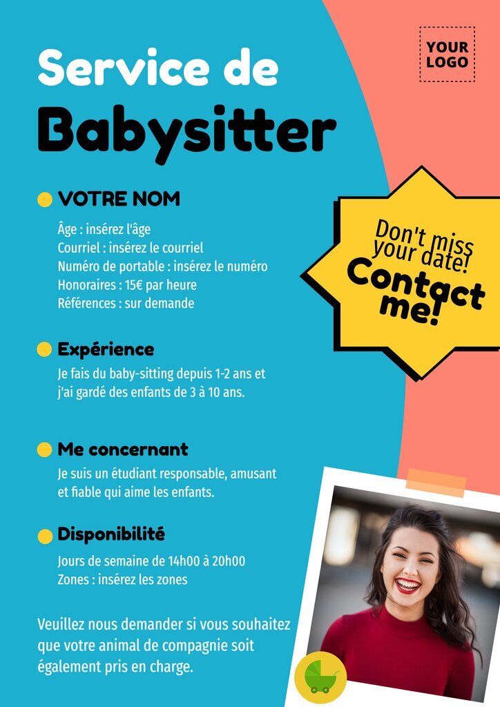 Modèle éditable de prospectus bleu et rose pour rechercher un baby-sitter