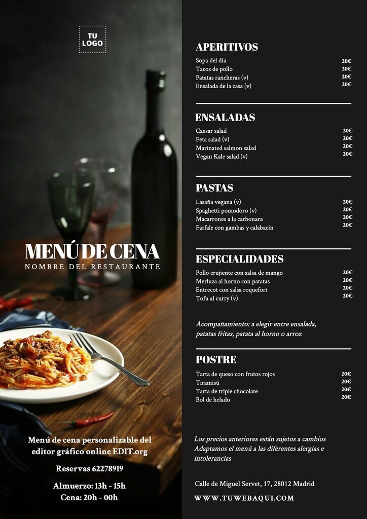 Modelo menu jantar para restaurante editável online e gratis