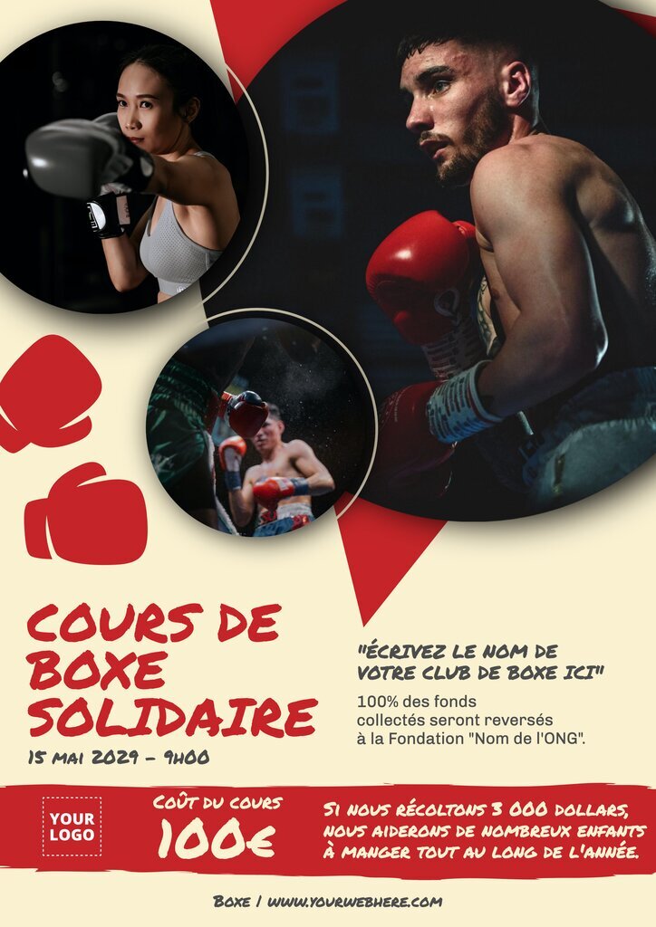 flyer blanc et rouge éditable pour des cours de boxe solidaire