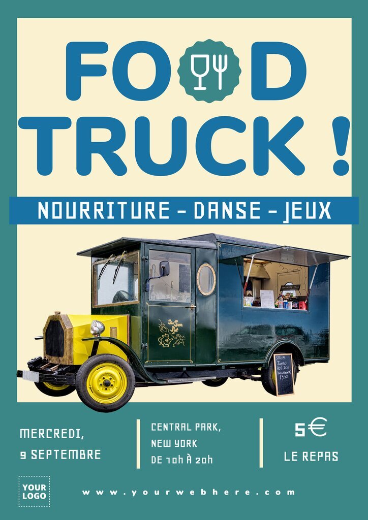 affiche de vieux food truck avec nourriture danse et jeux, éditable