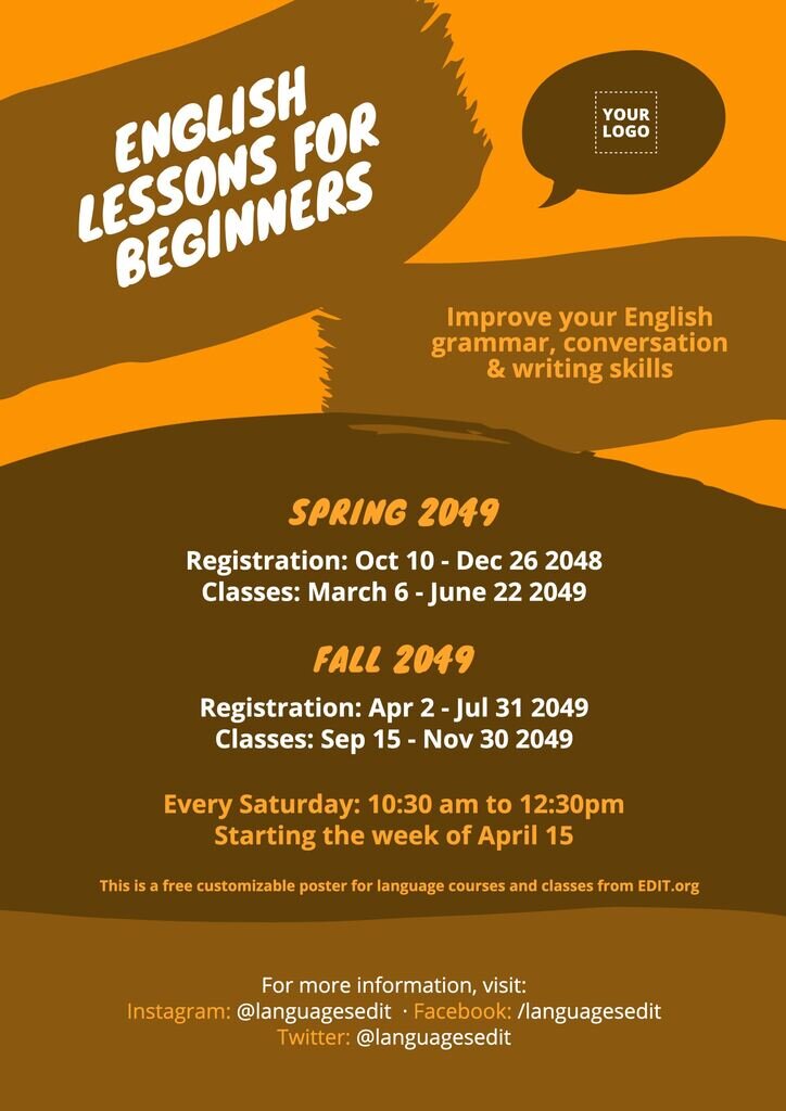 Poster personalizzabili e volantini promozionali di lezioni di inglese