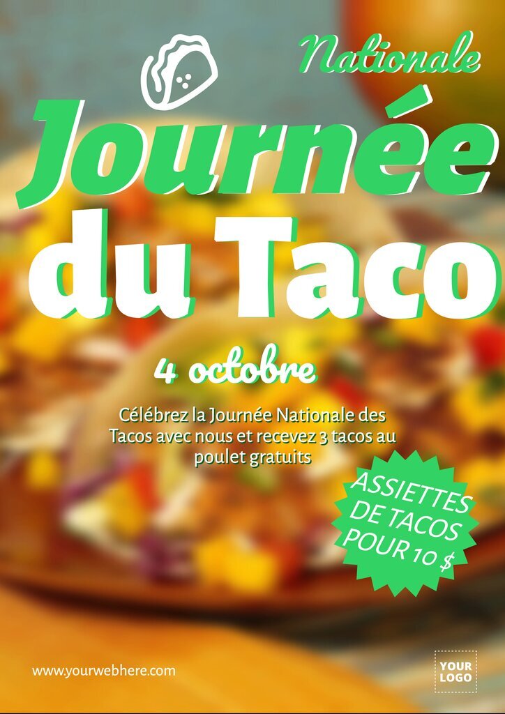Poster journée du taco avec vraie photo brouillée en fond