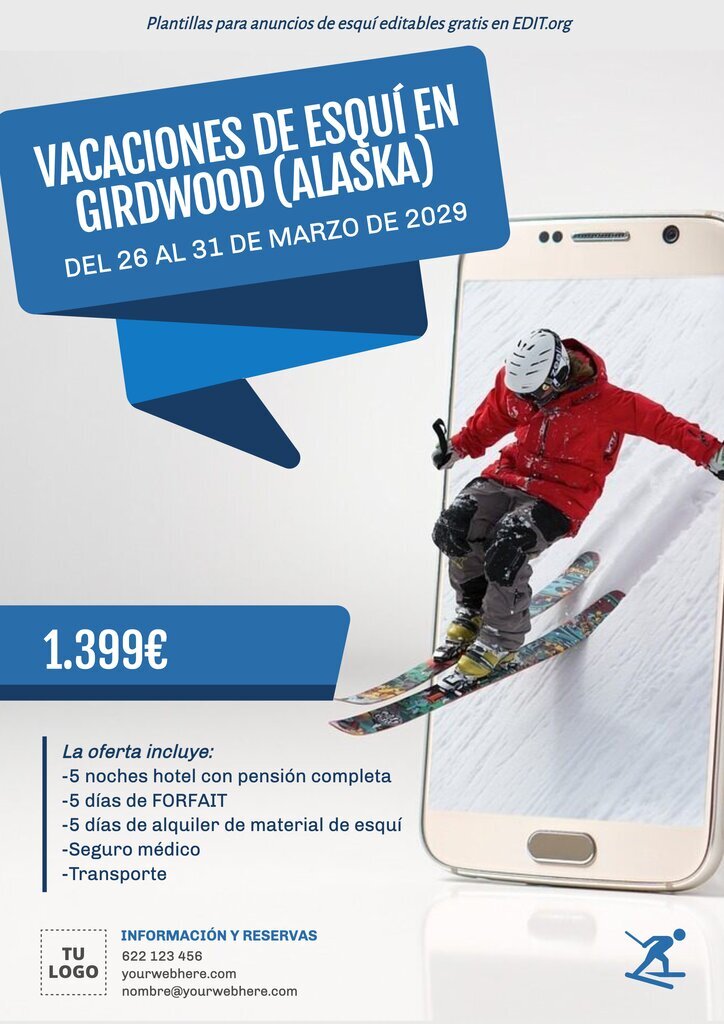 Cartel personalizable gratis para viajes de esquiada