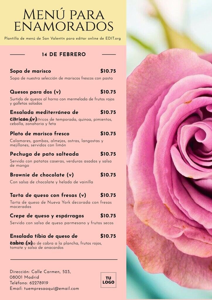 Diseño de carta de restaurante de San Valentín imprimible