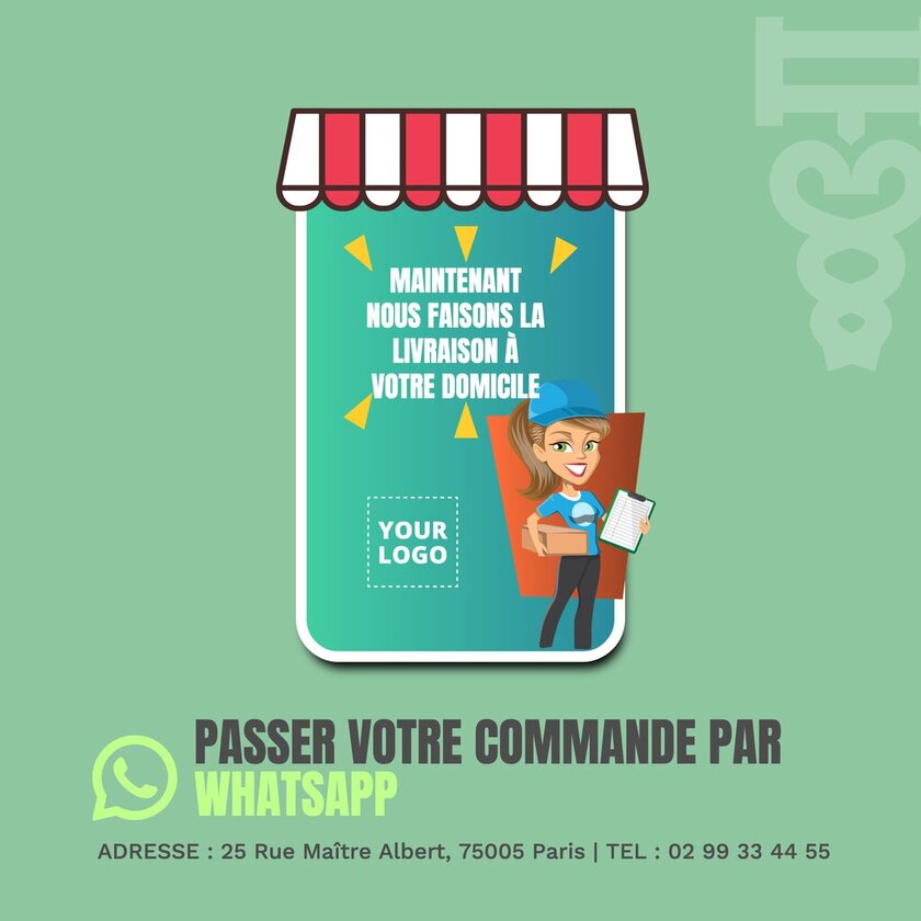 modèle vert d'affiche de livraison gratuite à domicile avec le logo de whatsapp
