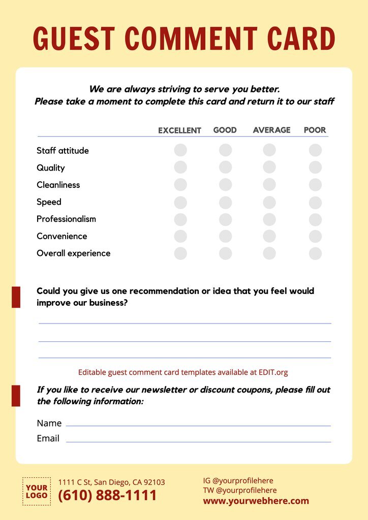 Free customer comment card template