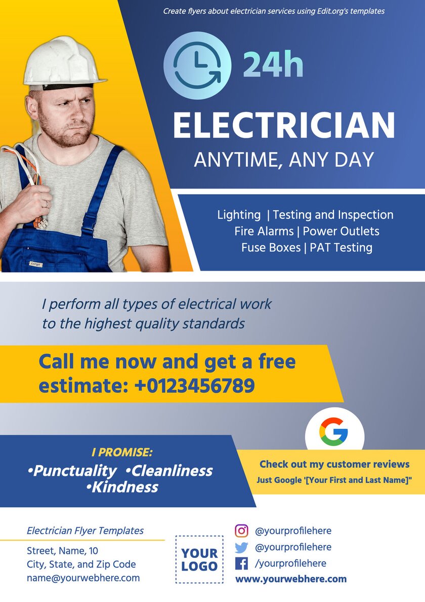 Customizable Electrician flyer design with services