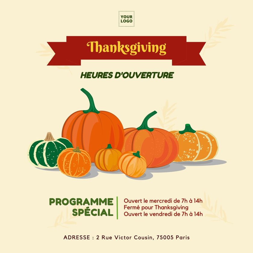 Design éditable d'affiche pour les horaires d'ouvertures durant thanksgiving
