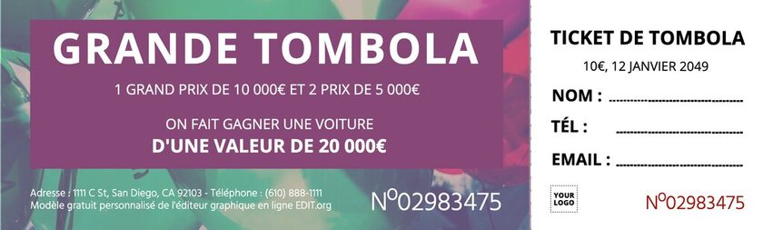 Ticket de Tombola violet éditable
