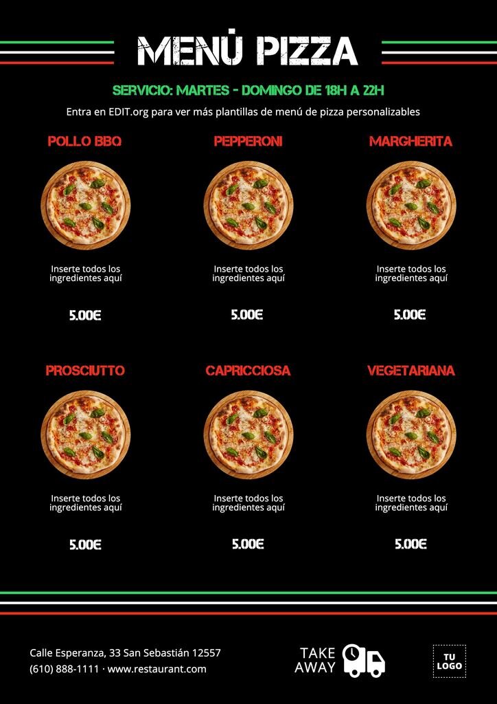 Menú restaurante de pizza a editar online gratis