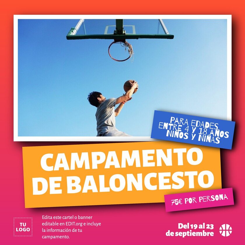 Chico jugando al baloncesto en un cartel para editar