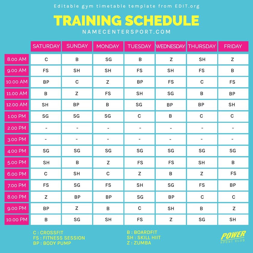 Free editable gym schedule design for activities