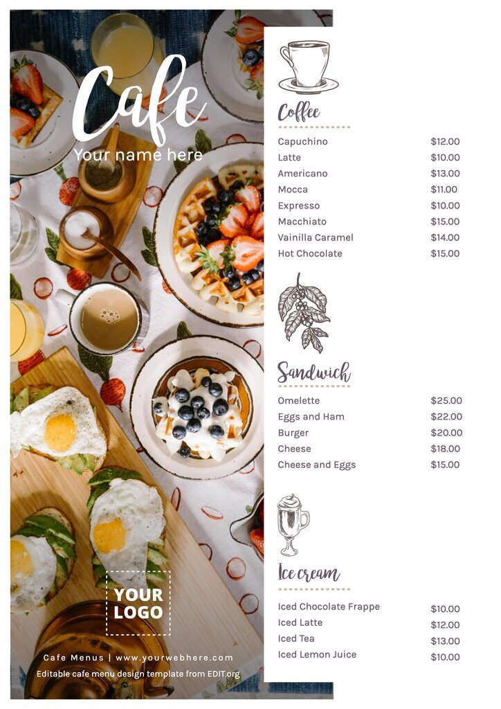 Customizable template for cafe menu