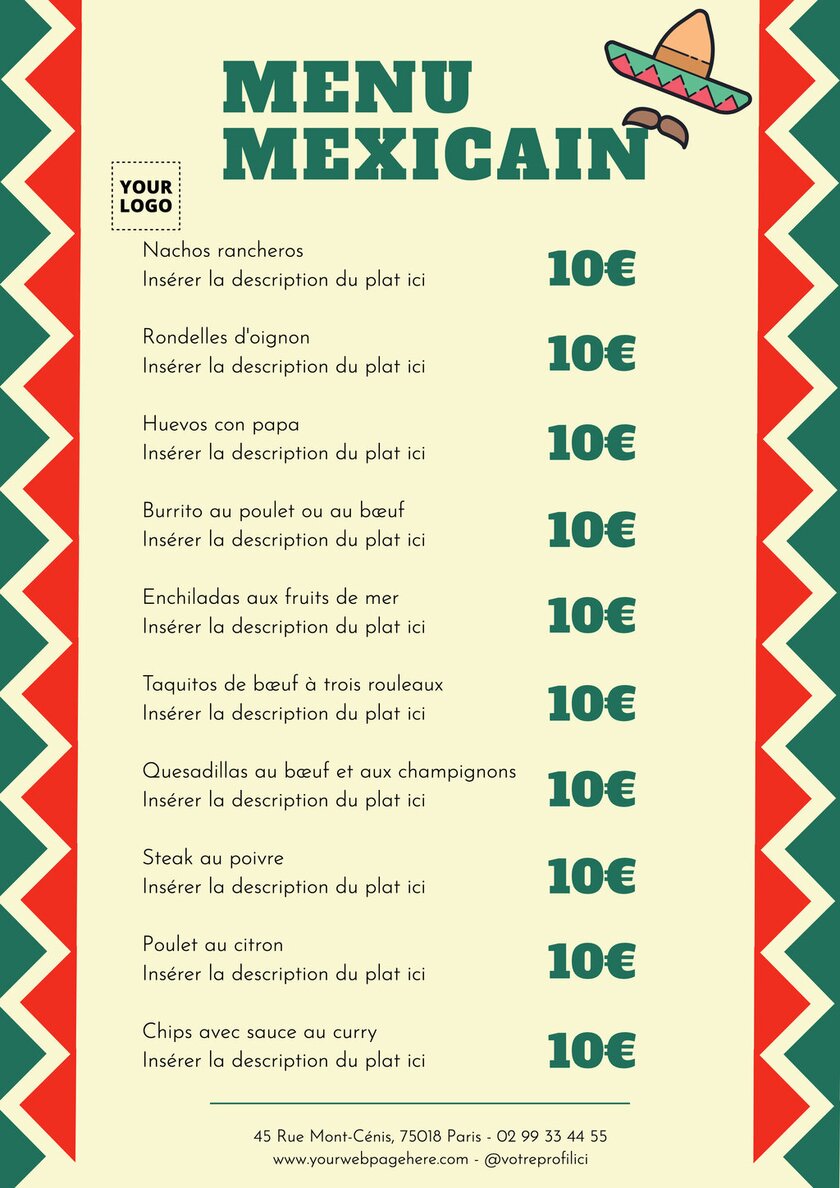 modèle éditable en ligne de menu de restaurant mexicain vert et rouge