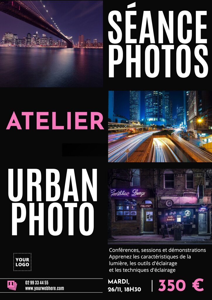Modèle d'affiche pour atelier de photographie professionnelle avec ville de nuit en fond