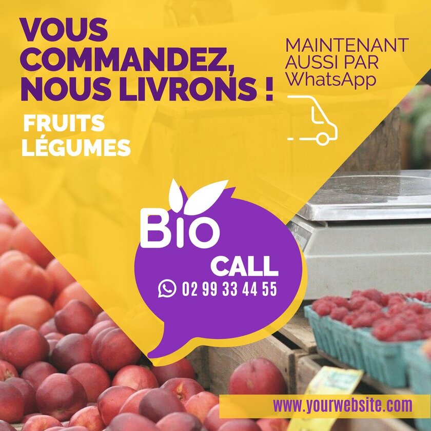 modèle jaune et violet d'affiche de livraison de fruits et légumes à domicile