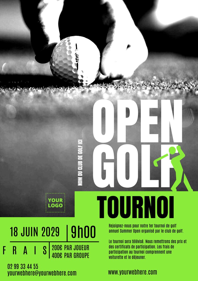 modèle éditable vert avec image en noir et blanc pour un tournoi open de golf