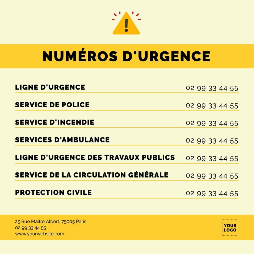 Design d'une liste de numéros d'urgence jaune et éditable