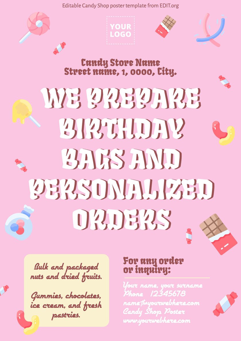 Custom Candy Store poster for prepared bags and offers