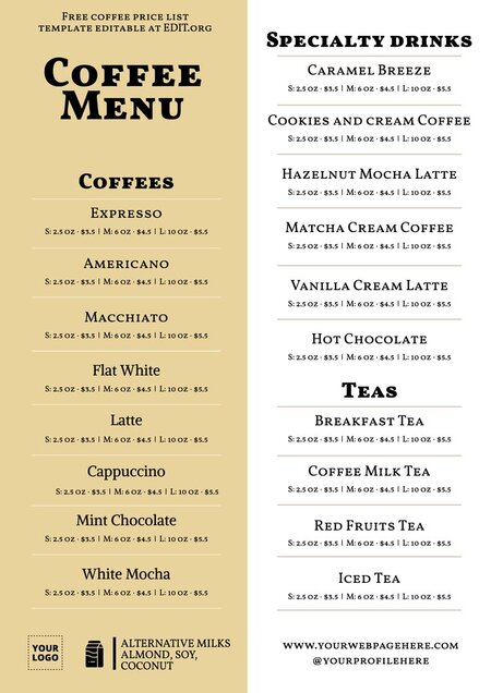 Free coffee menu templates to print