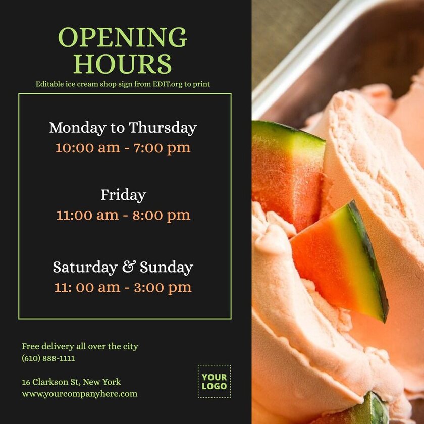 Ice cream printable template for shop opening hours