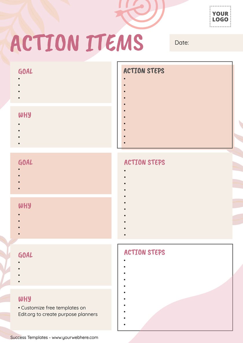 Editable planner for personal action items to customize online