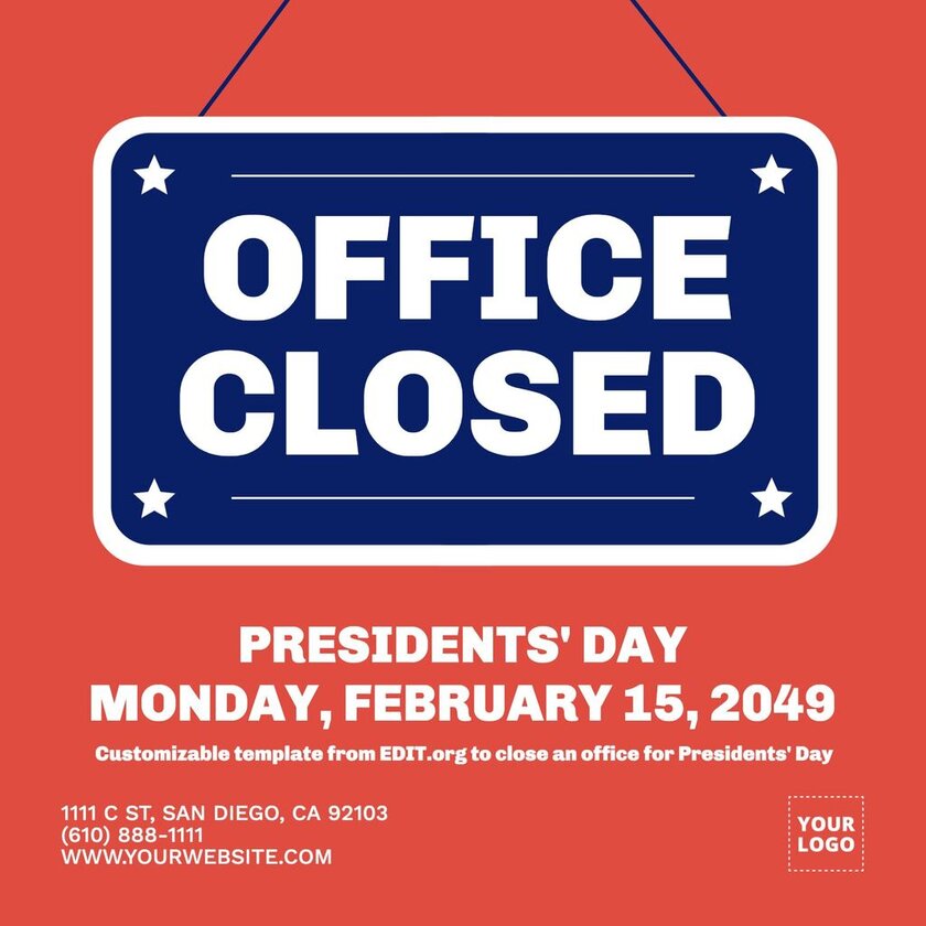 Opening hours template for President's Day to customize online