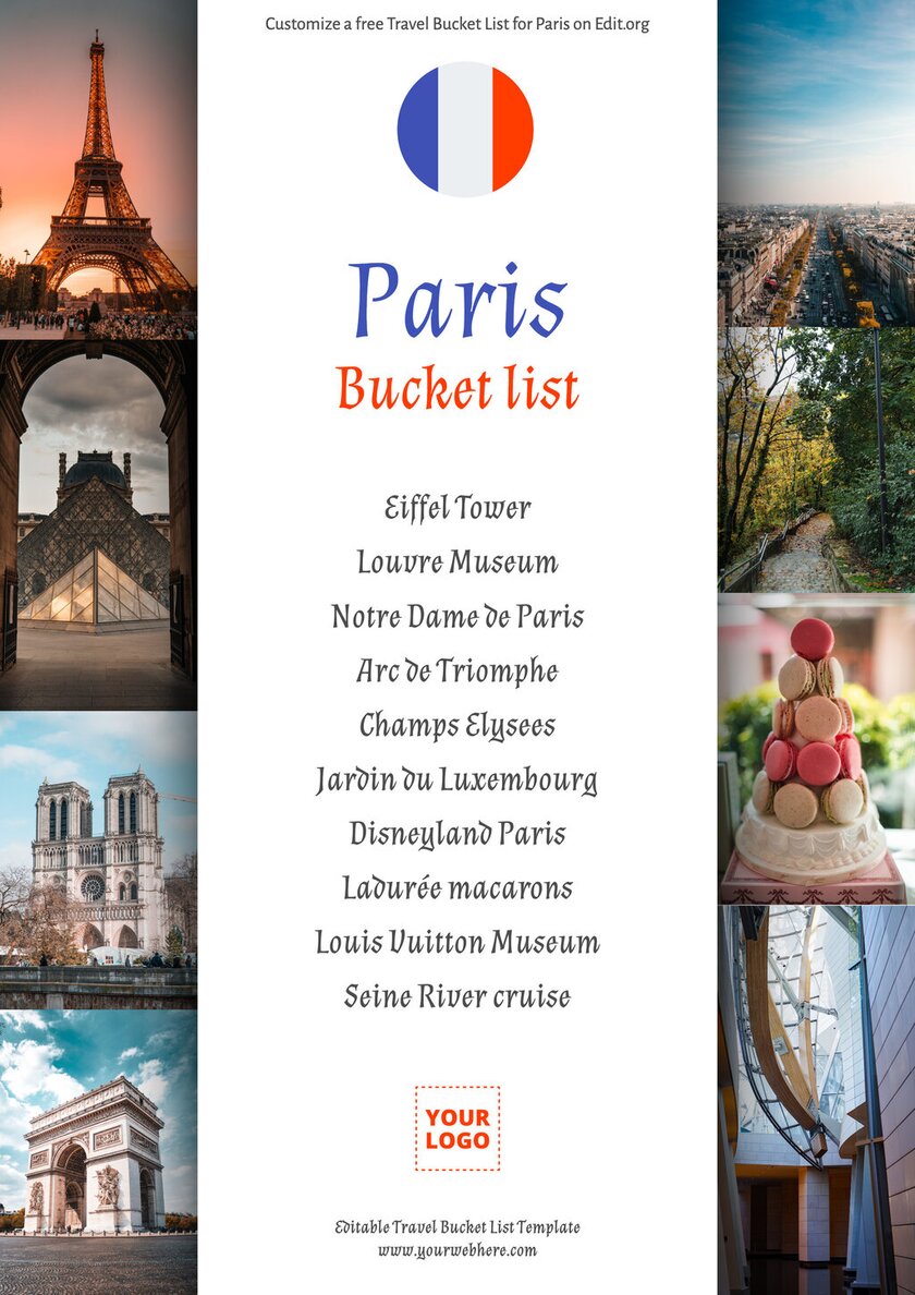 Template of bucket list places to visit in Paris
